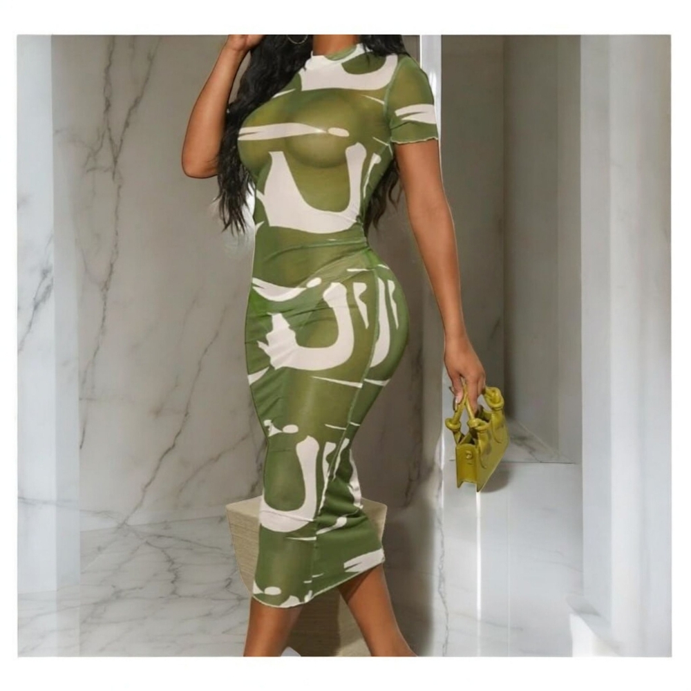 Green and White Abstract Print Dress